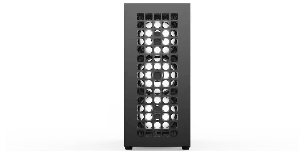 Ein schwarzes Computer-Gehäuse mit einer Wabenmuster-Frontblende zur Belüftung, entwickelt zur Aufnahme interner Komponenten.