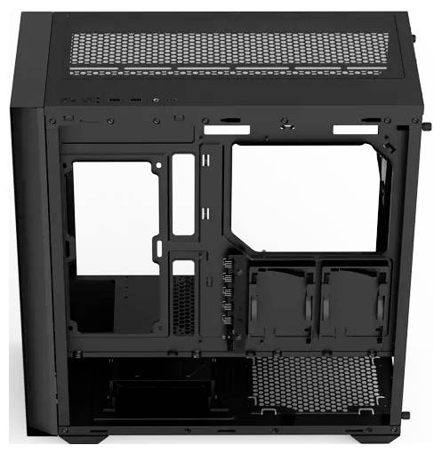 Ein schwarzes, leeres PC-Tower-Gehäuse mit mehreren Laufwerkschächten und Meshpanels. Es zeigt die Bereiche für Mainboard und Netzteil.