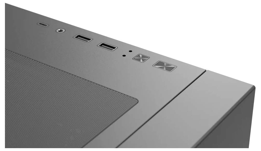 Computergehäuse von oben mit Strom- und Resetschaltern, USB-Anschlüssen und Lüftungsgitter für Luftzirkulation.