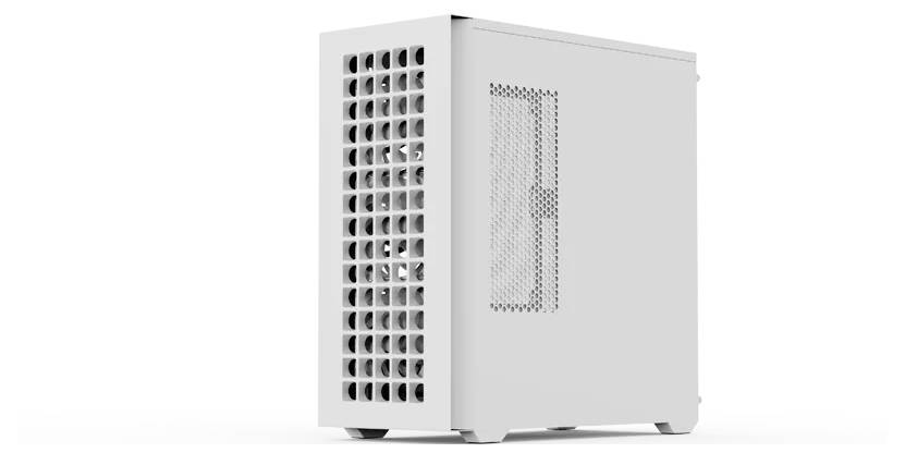 Ein schlanker, weißer Computertower mit einem Gitter-Seitenpanel und mehreren Belüftungslöchern an der vorderen linken Seite für verbesserte Luftzirkulation.