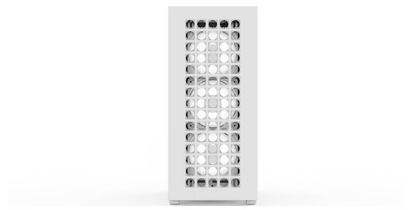 Ein weißes, rechteckiges Gerät mit einem Gittermuster aus kreisförmigen Öffnungen an der Vorderseite, möglicherweise ein Luftreiniger oder Lautsprecher.