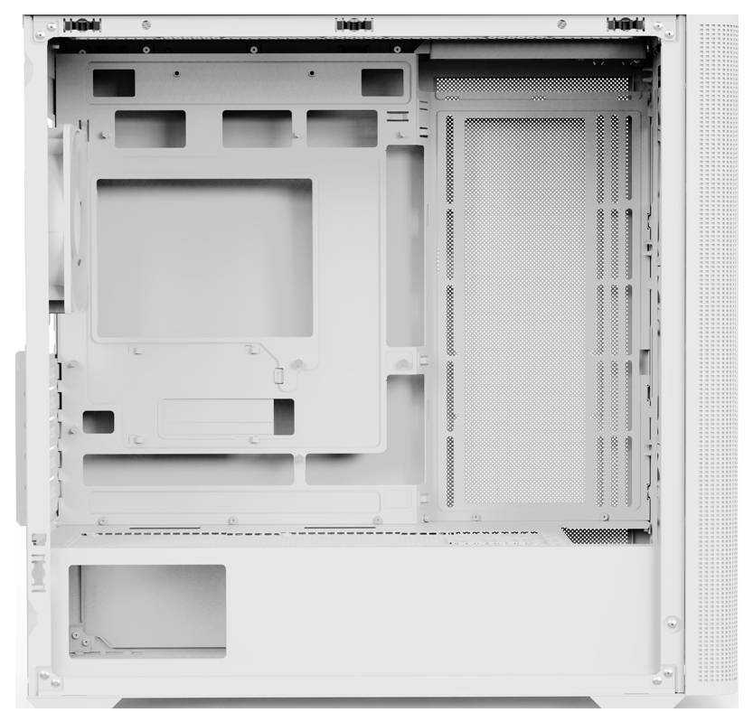 Leerer weißer Computer-Gehäuseinnraum mit Motherboard-Befestigungspunkten, Laufwerkschächten und Kabelmanagement-Aussparungen auf dem Seitenpanel.