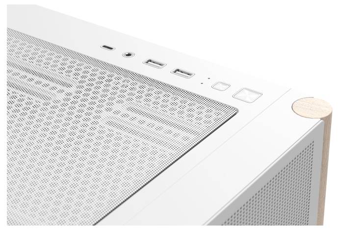 Das Bild zeigt einen Nahaufnahme der Oberseite eines eleganten weißen Computergehäuses mit perforierten Meshpaneelen und Anschlüssen für USB, Audio und Powerknopf.