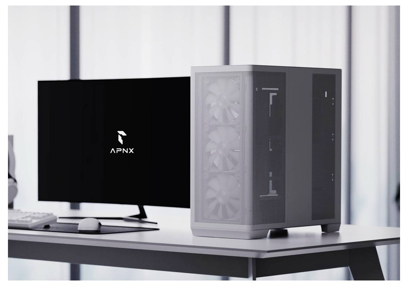 Ein Desktop-Setup mit einem Computergehäuse mit Kühlventilatoren und einem Monitor, auf dem das 'APNX'-Logo angezeigt wird, platziert auf einem modernen Schreibtisch.