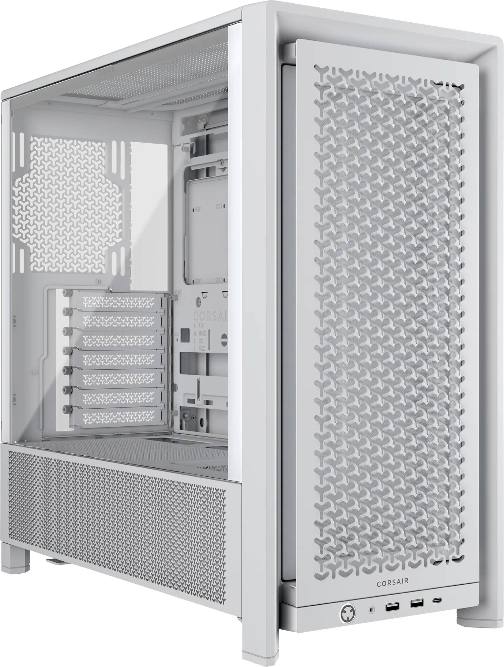 Ein weißes, leeres Computergehäuse mit seitlichem Sichtfenster und Lüftungsgitter auf der Vorderseite, zeigt interne Struktur.