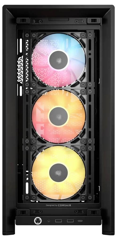 PC-Gehäuse mit drei LED-beleuchteten Lüftern in Blau, Rot und Gelb. Enthält An-/Ausschalter und mehrere Anschlüsse an der Vorderseite.