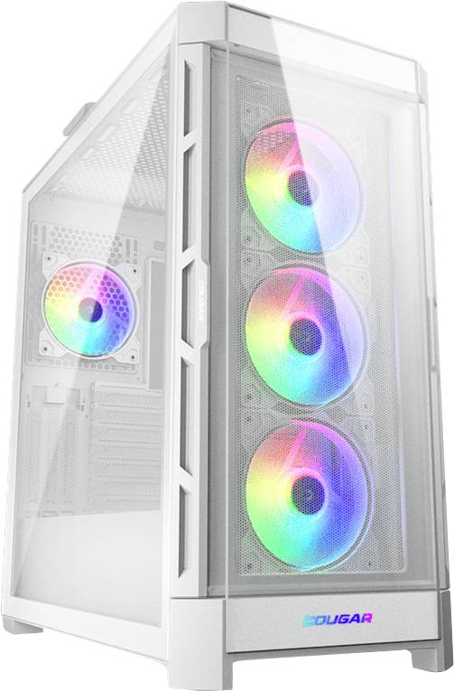 Ein weißes Computergehäuse mit vier leuchtenden RGB-Lüftern an der Vorderseite; geeignet für Gaming-PCs und leistungsstarke Systeme.