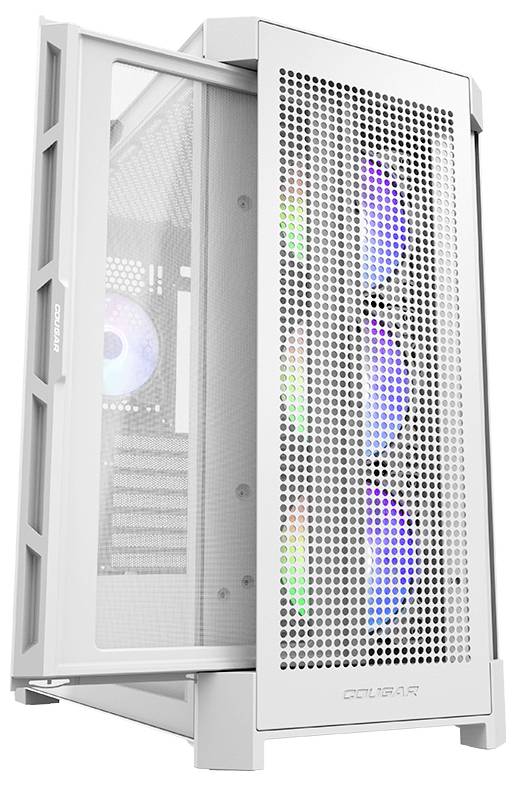 Weißes Computergehäuse mit durchsichtiger Seitenwand. Vorne sind Lüfter mit bunten LEDs sichtbar. Geeignet für Gaming-PCs.