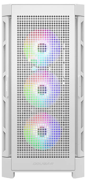 Weißes Computergehäuse mit drei vorderen Lüftern, die in Regenbogenfarben leuchten, vor einem perforierten Metallgitter.