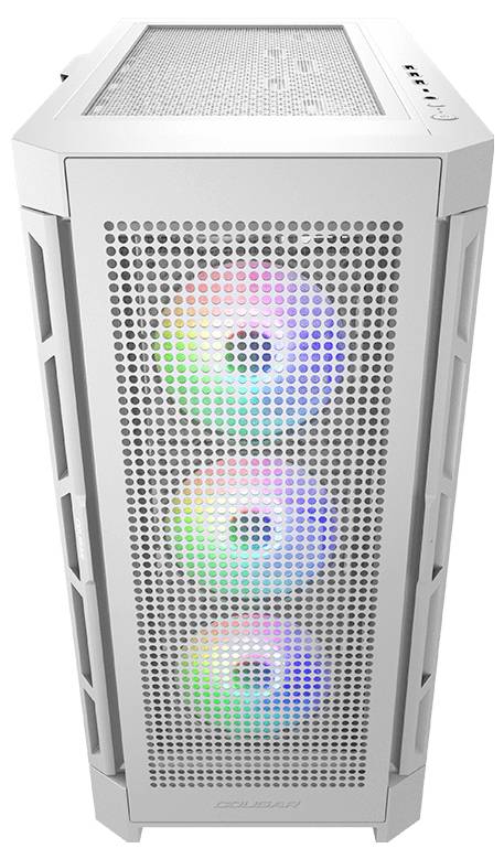 Ein weißes Computergehäuse mit Gitterdesign zeigt drei Lüfter mit bunten LED-Lichtern auf der Vorderseite.