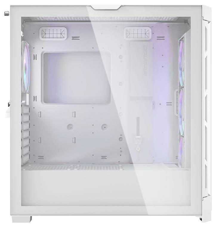 Weißes Computergehäuse mit Sichtfenster, mehreren Luftschlitzen und befestigten Lüftern. Geeignet für den Einbau von PC-Komponenten.