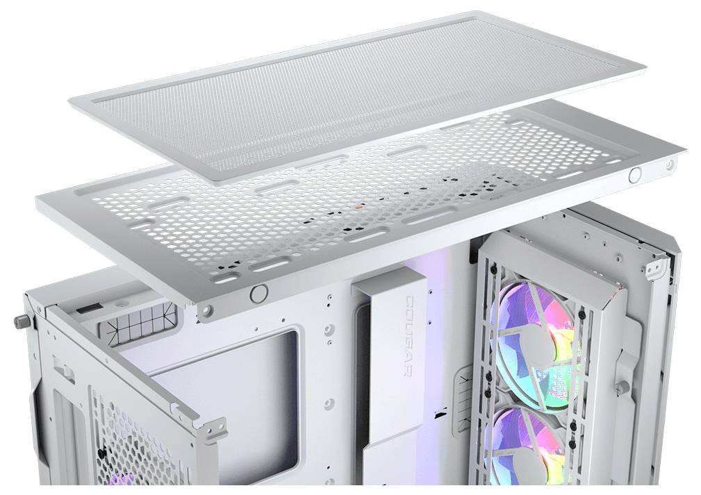 Ein weißes PC-Gehäuse mit abgenommenem Deckel zeigt Lüfter mit RGB-Beleuchtung und einen durchsichtigen Maschendeckel oben.