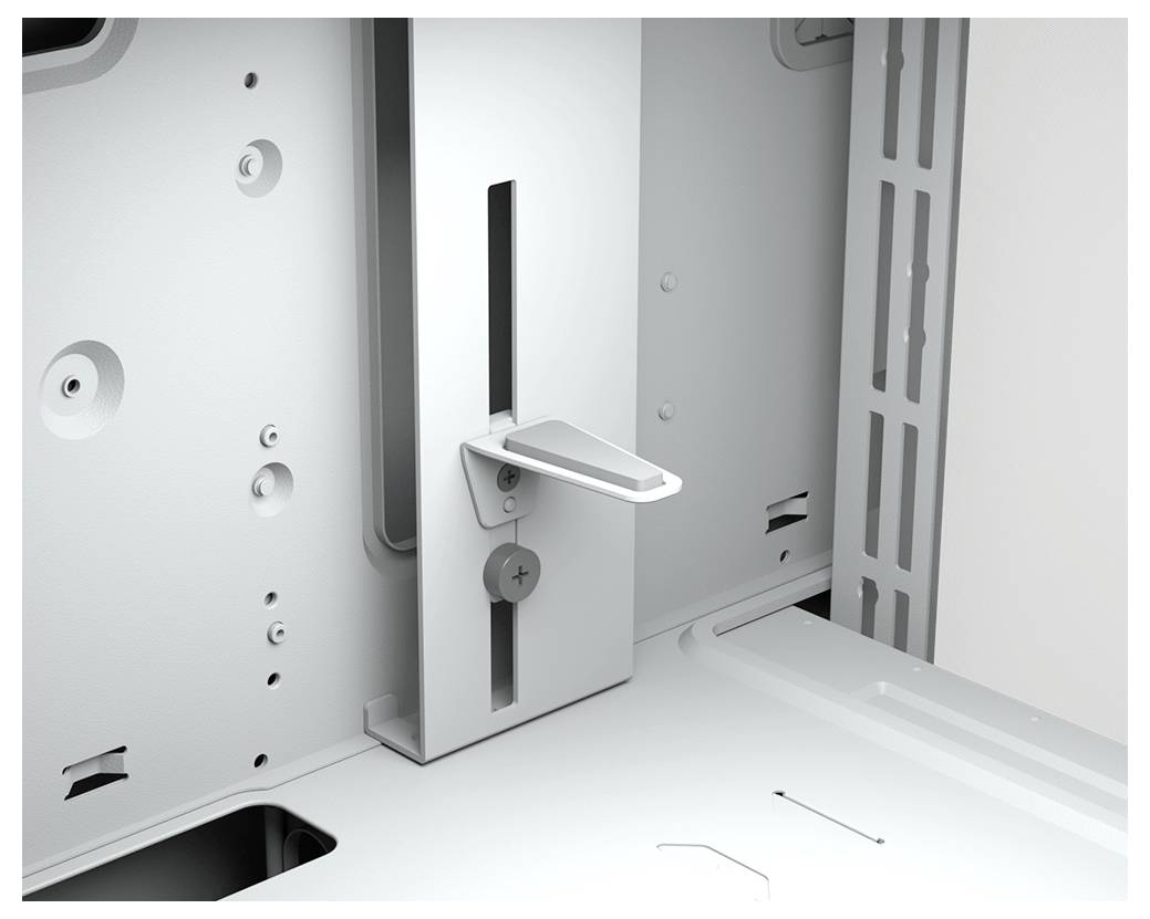 Eine silberne Halterung in einem Gehäuse zeigt einen Hebel an einer vertikalen Schiene, um Positionen zu justieren.