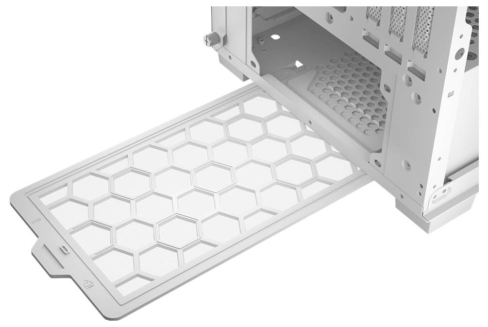 Ein weißer, ausziehbarer Staubfilter mit sechseckigem Muster auf der Unterseite eines Computergehäuses ist zur Reinigung halb herausgezogen.