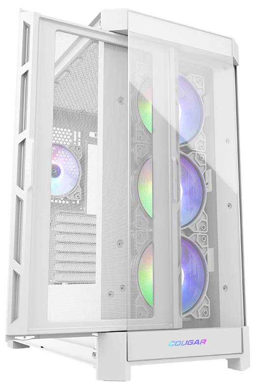 Weißes Computergehäuse mit transparentem Seitenteil, zeigt drei RGB-beleuchtete Lüfter.