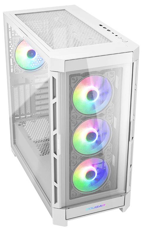 Weißes PC-Gehäuse mit transparenten Seiten, vier RGB-Lüftern und Mesh-Oberfläche zur optimalen Kühlung und Beleuchtung.