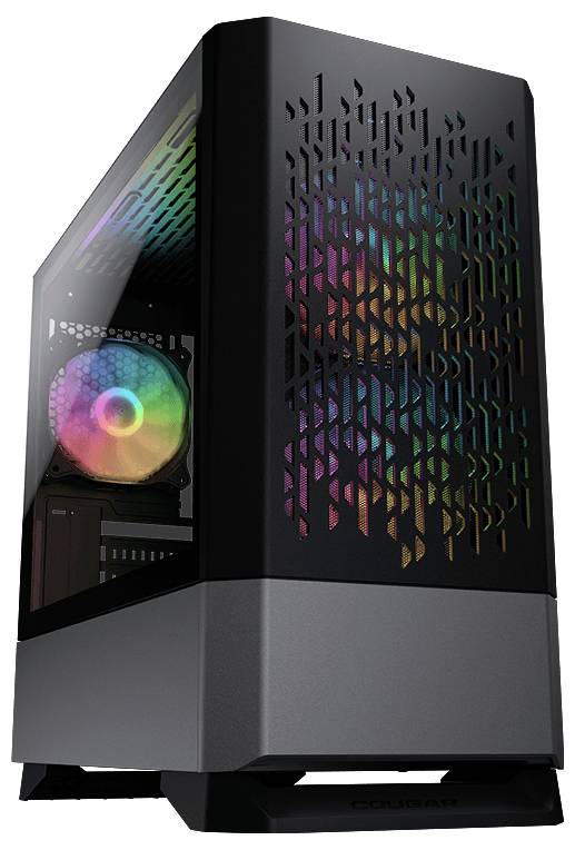 Ein Computergehäuse mit beleuchtetem Lüfter und seitlichem Glasfenster, das Regenbogenfarben zeigt.