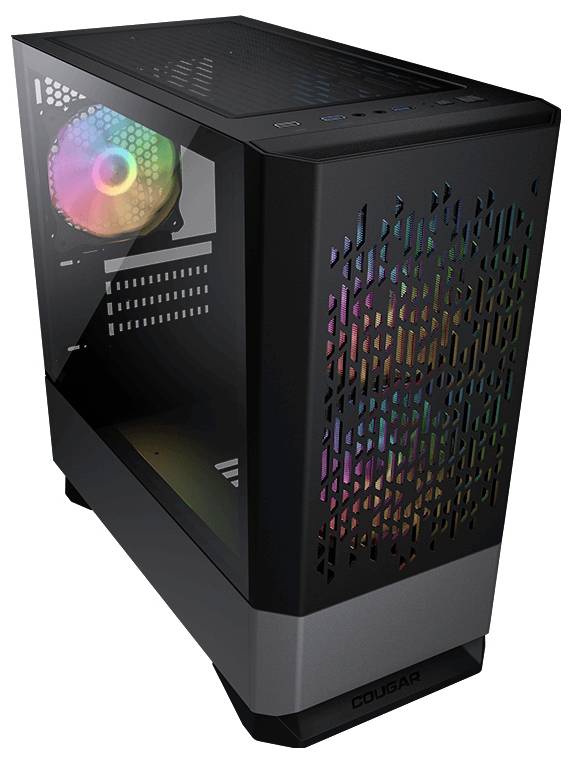 Computergehäuse mit schwarzem Design und beleuchteten Lüftern. Front- und Seitenteile haben ein geometrisches Muster für Belüftung.