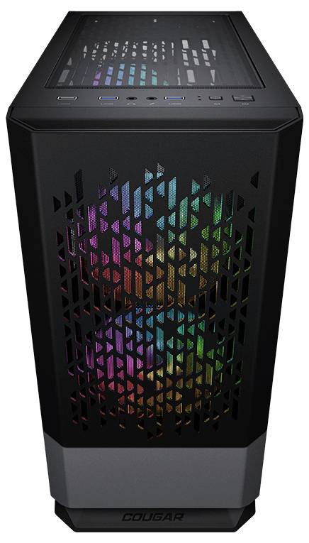 Schwarzes Computergehäuse mit RGB-Beleuchtung an der Vorderseite. Oben sind Anschlüsse und Lüftungsgitter sichtbar.