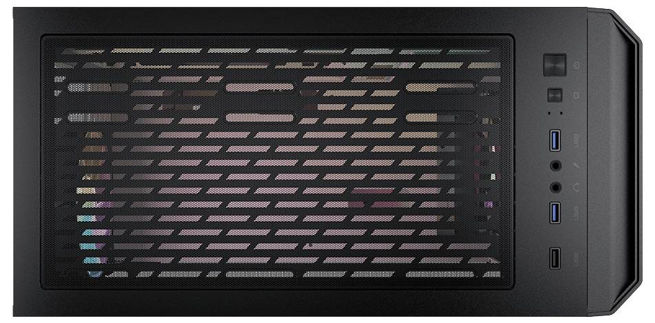 Die Abbildung zeigt die Oberseite eines Computergehäuses mit einem Lüftungsgitter und mehreren Anschlüssen, darunter USB-Ports.