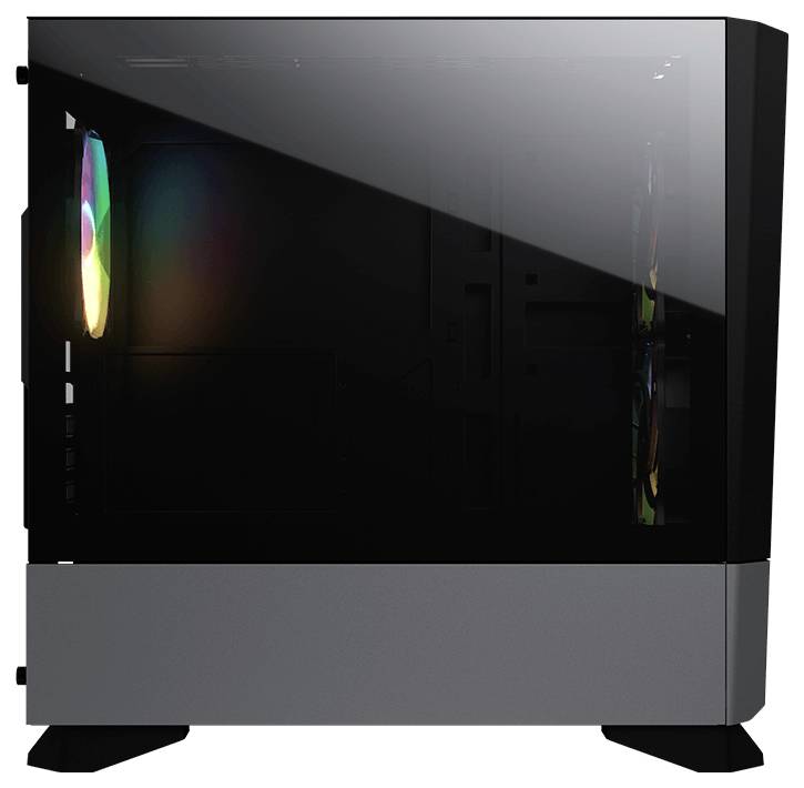 Computertower mit transparentem Seitenteil und LED-Beleuchtung, zeigt bunte Lichter von Lüftern im Inneren.