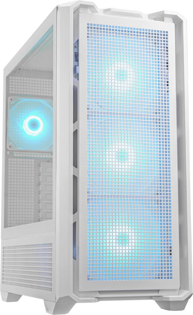 Ein weißes Computergehäuse mit vier sichtbaren, bläulich leuchtenden Lüftern. Das Gehäuse ist modern gestaltet mit Gitterdesign.