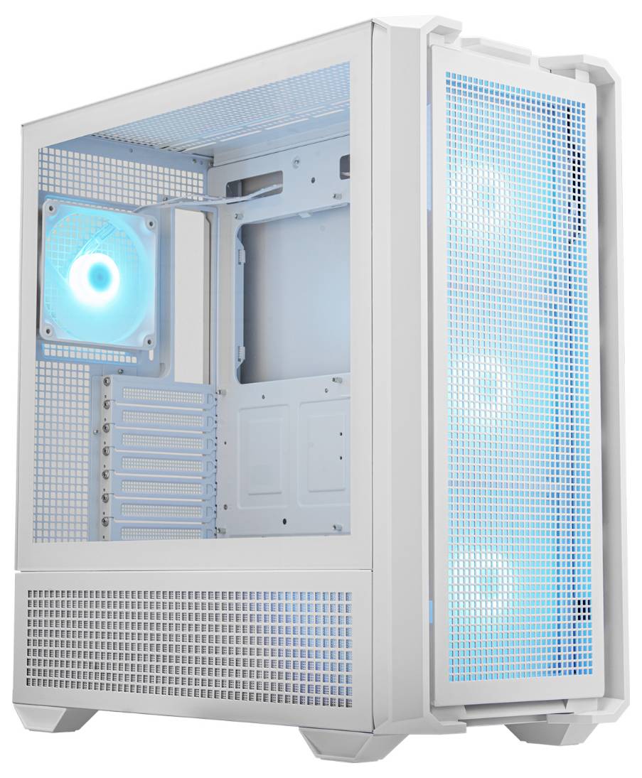 Ein weißes Computergehäuse mit durchsichtigem Seitenteil. Drei blaue LED-Lüfter vorne und ein weiterer hinten sind sichtbar.