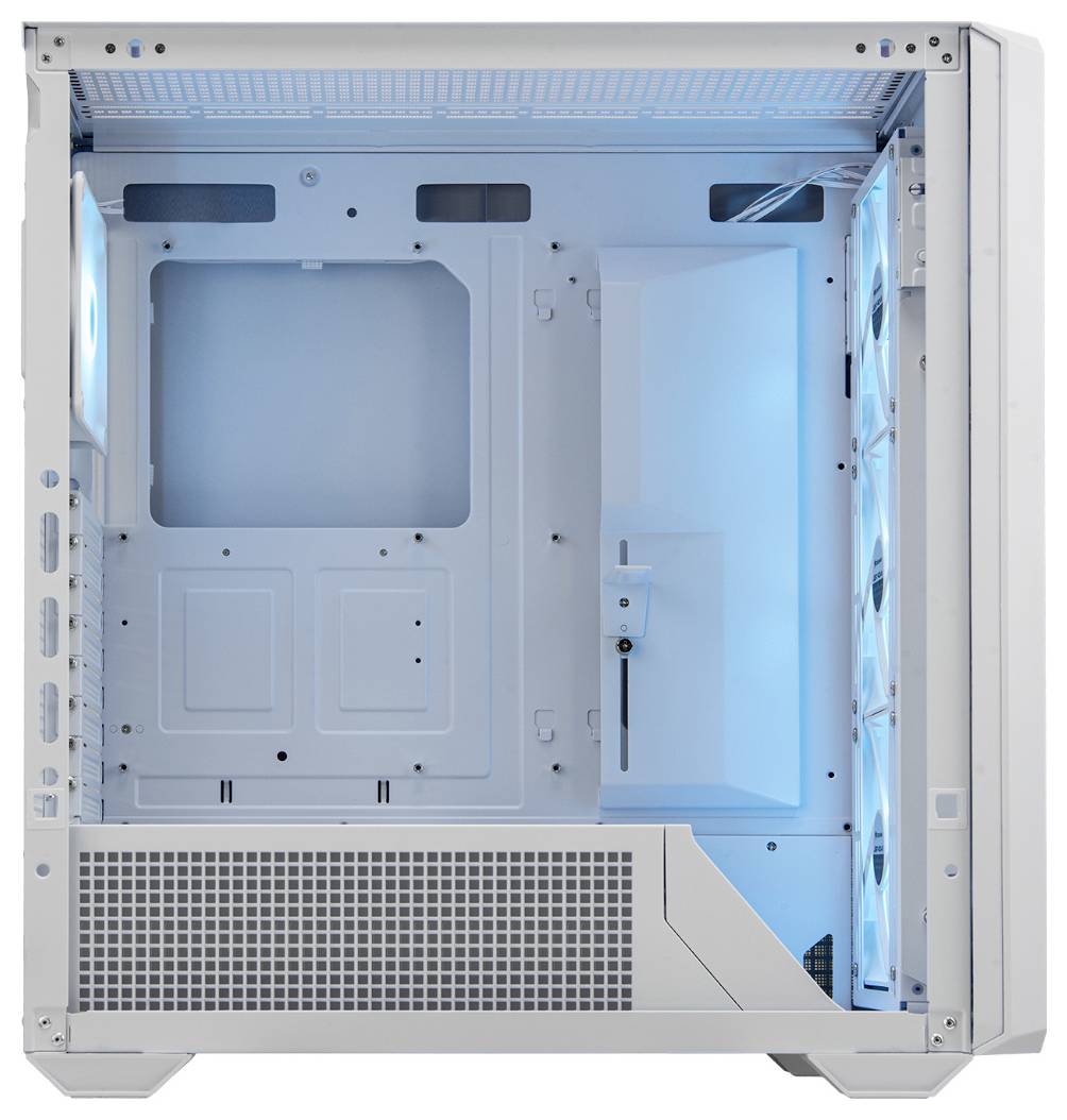 Leeres weißes PC-Gehäuse mit blauem Innenlicht. Sichtbar sind Belüftungsöffnungen und Halterungen für Komponenten im Inneren.