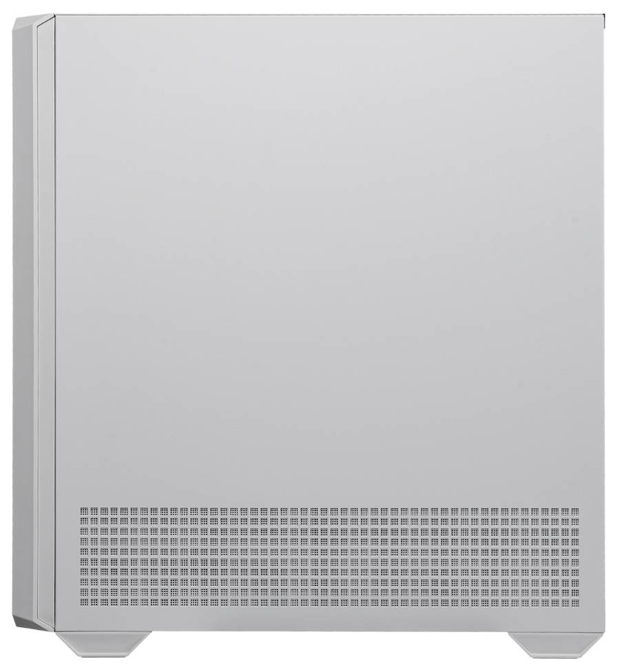 Silbernes Computergehäuse in aufrechter Position mit Lüftungsschlitzen unten. Rückseite ist glatt und minimalistisch.