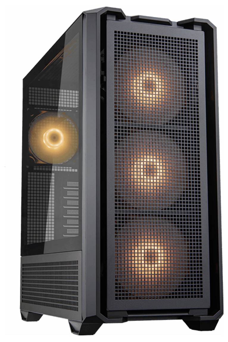 Schwarzes Computergehäuse mit seitlicher Glaswand und drei leuchtenden Lüftern auf der Vorderseite.