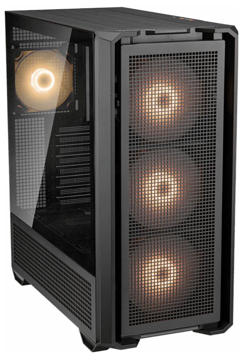 Computergehäuse mit Glasfenster und beleuchteten Lüftern in der Front und Rückseite. Schwarz, mit Netzabdeckung.