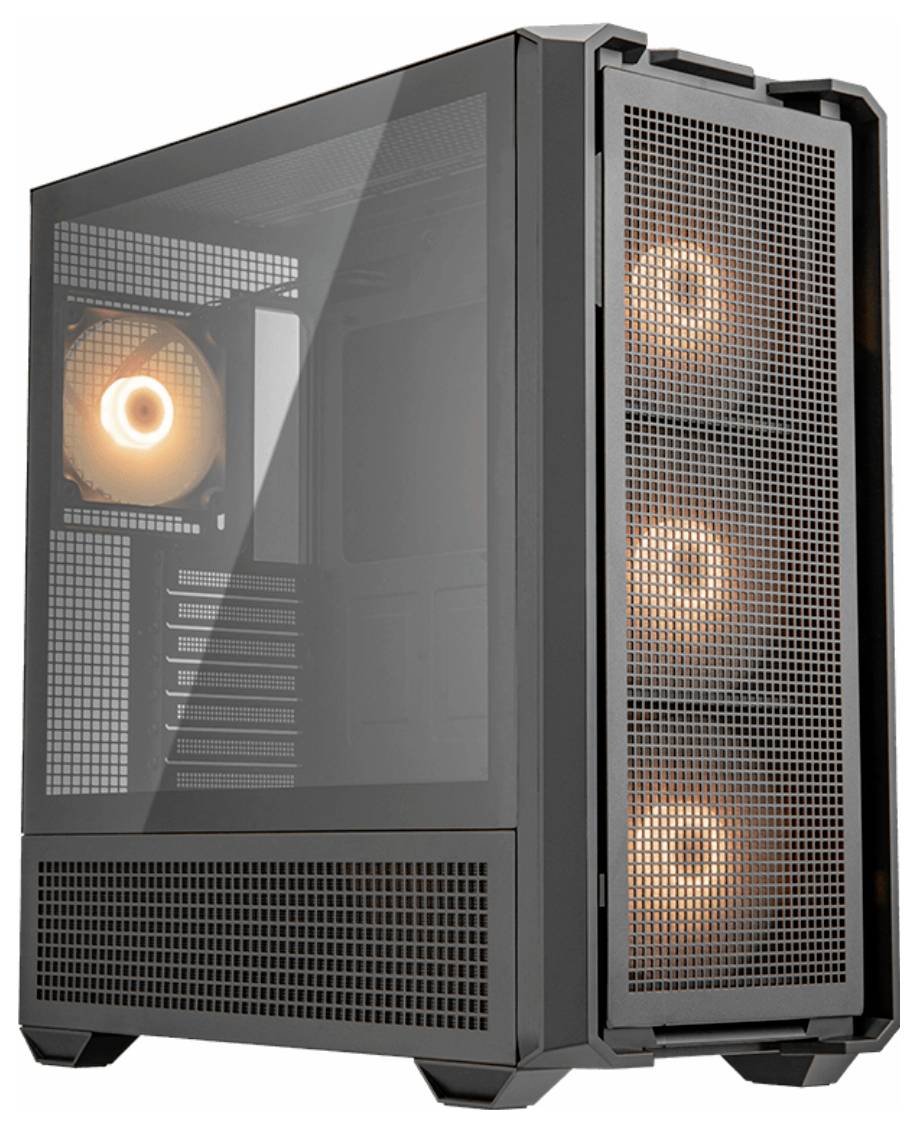 PC-Gehäuse mit durchsichtigem Seitenfenster und drei leuchtenden Ventilatoren an der Vorderseite, geeignet für leistungsstarke Hardware.