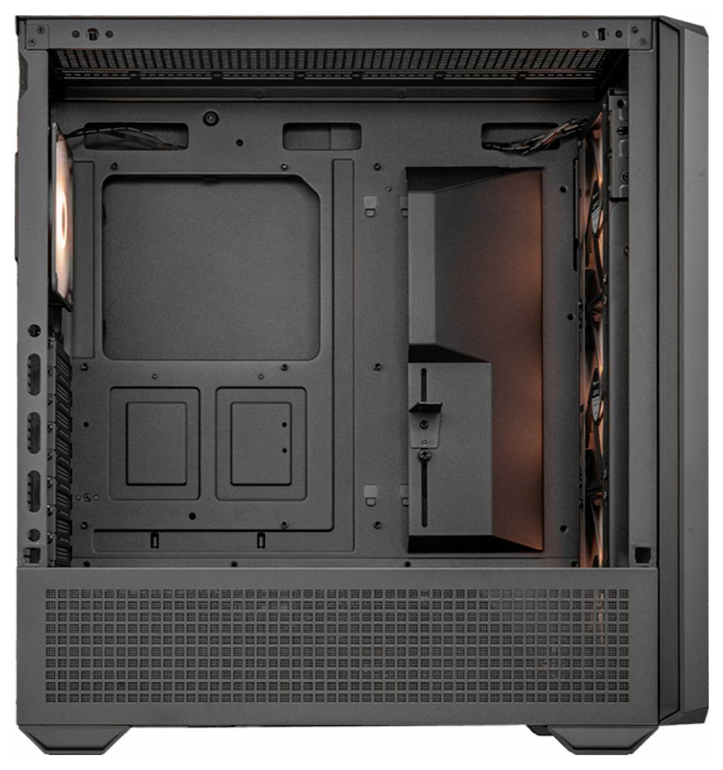 Ein leeres Computergehäuse mit freiem Innenraum. An der rechten Seite befinden sich Lüfterplätze. Außenansicht zeigt ein schlichtes, modernes Design.