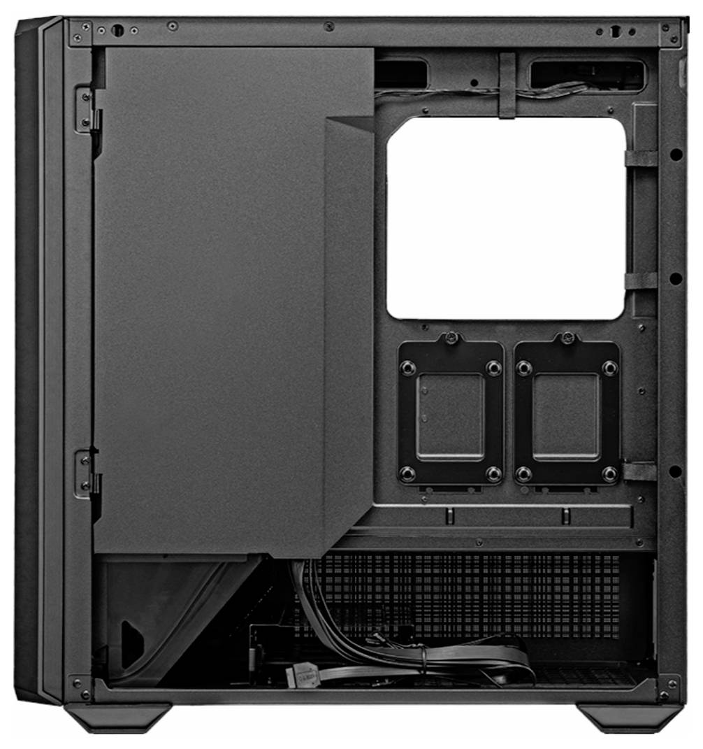 Ein offenes Computergehäuse mit sichtbaren Kabeln und Halterungen zur Befestigung von Komponenten.