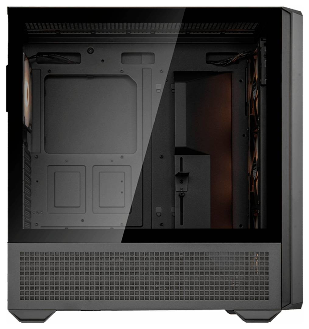 Schwarzes PC-Gehäuse mit transparentem Seitenfenster, zeigt Innenraum mit Lüfterbefestigungen und Kabelmanagementfunktionen.