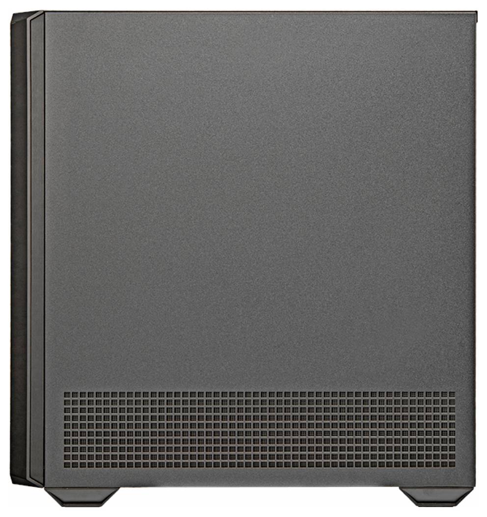 Ein schwarzes Computergehäuse mit Lüftungsschlitzen an der Unterseite. Es ist hoch und rechteckig, minimalistisch gestaltet.