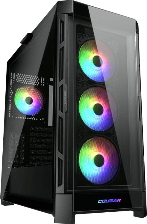 Schwarzes Computergehäuse mit transparenter Seite zeigt drei bunte, leuchtende Lüfter an der Vorderseite. Kabelmanagement im Inneren sichtbar.