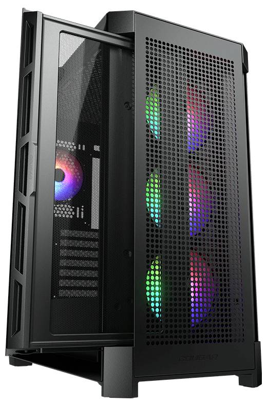 RGB-beleuchtetes Computergehäuse mit Glaspanel und leuchtenden Lüftern, geöffnet zur Seite, zeigt Innereien und Kühlungssystem.