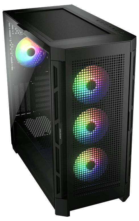 Ein schwarzes Computergehäuse mit vier leuchtenden RGB-Lüftern, drei an der Vorderseite und einer im Inneren.