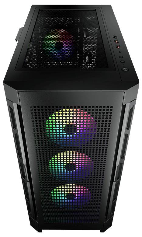 Schwarzes Computergehäuse mit drei leuchtenden, bunten Lüftern vorne und einem weiteren Lüfter oben, alle mit RGB-Beleuchtung.