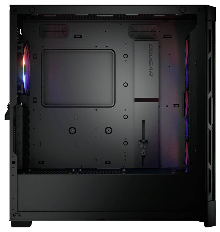 Schwarzes Computergehäuse ohne Komponenten, zeigt LED-beleuchtete Lüfter an der Seite, geeignet für individuelle PC-Bauten.