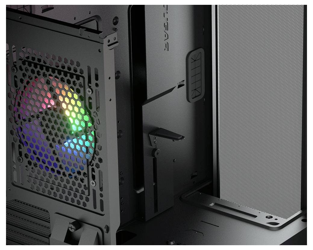 Ein offenes Computergehäuse mit einem bunten RGB-Lüfter ist sichtbar.