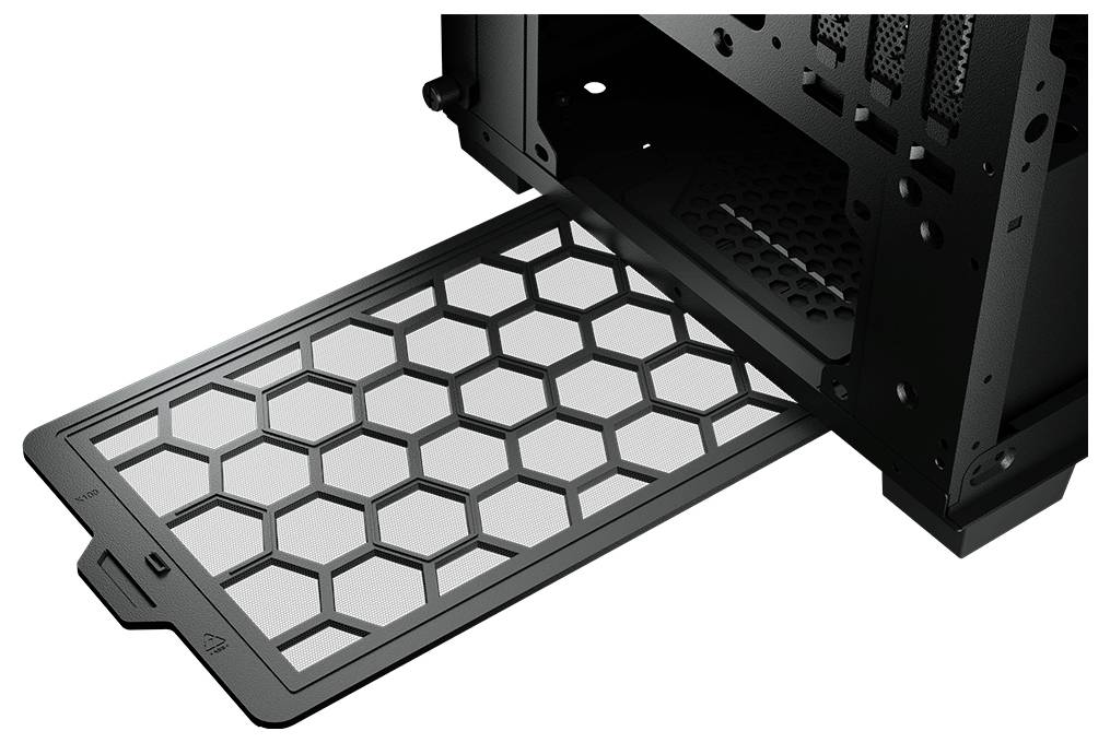 Ein schwarzer, abnehmbarer Computer-Luftfilter mit wabenförmigem Muster ist teilweise aus einem Gehäuse herausgeschoben.