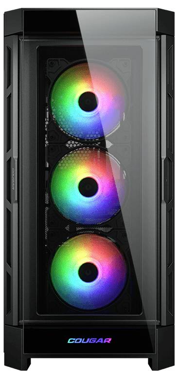 Das Bild zeigt ein Computergehäuse mit drei bunten, beleuchteten Lüftern an der Vorderseite. Die Lüfter leuchten in Regenbogenfarben.