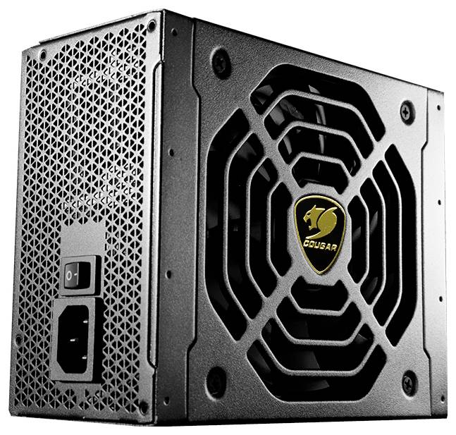 Schwarzes Computernetzteil mit Lüfter vorne und Netzschalter seitlich. Marke 'Cougar' auf dem Lüftergitter abgebildet.