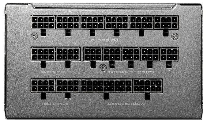 Netzteil-Rückseite mit mehreren Steckplätzen für PCIe, CPU, SATA und Motherboard-Anschlüsse, zeigt Anschlussmöglichkeiten.