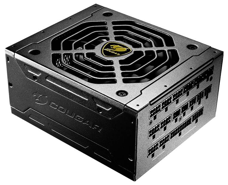 Schwarzes Computer-Netzteil mit einem großen Lüfter oben und mehreren Anschlussmöglichkeiten auf der Seite.