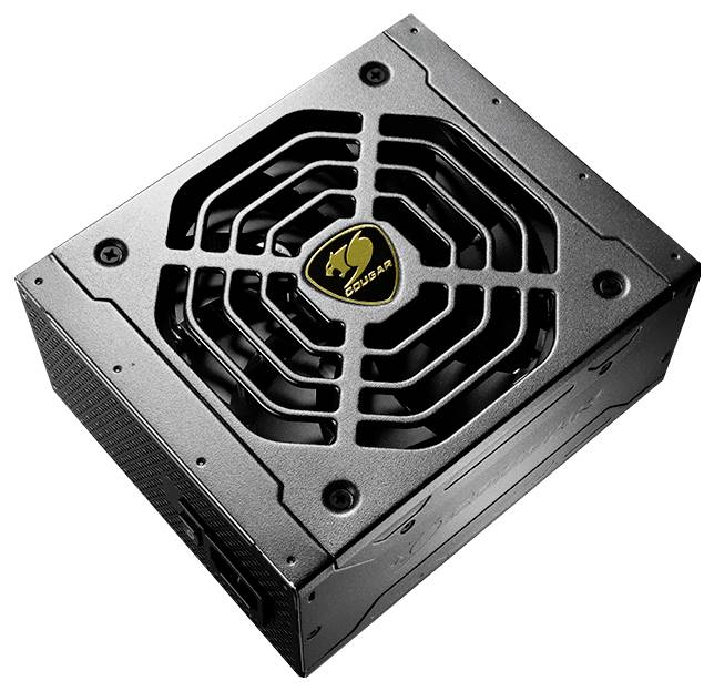 Ein schwarzes Computernetzteil mit einem Lüftergitter und einem goldenen Logo in der Mitte. Es hat ein schlichtes, modernes Design.