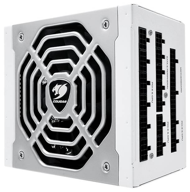 Ein weißes Computer-Netzteil mit Lüfter und Kabelanschlüssen. Logo auf der Lüfterabdeckung sichtbar.