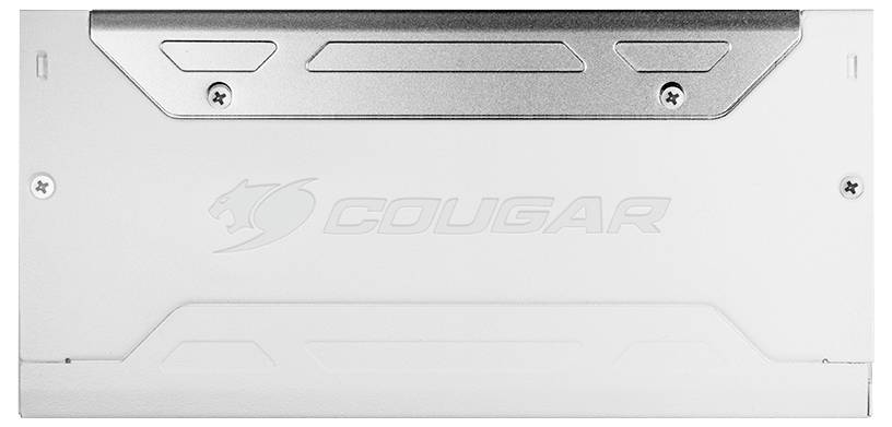 Eine weiße Computergehäuseabdeckung mit silbernen Akzenten und dem eingravierten COUGAR-Logo in der Mitte.